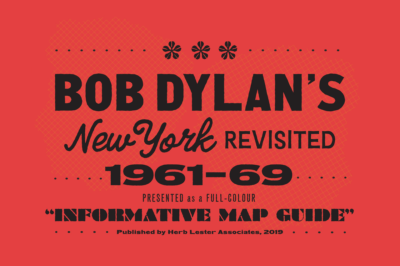 Bob Dylan’s New York Revisited project: red cover typography for the 1961–69 informative map guide.