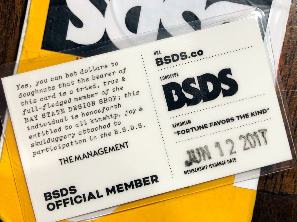 Bay State Design Shop project: printed BSDS official-member card with a dated membership stamp.
