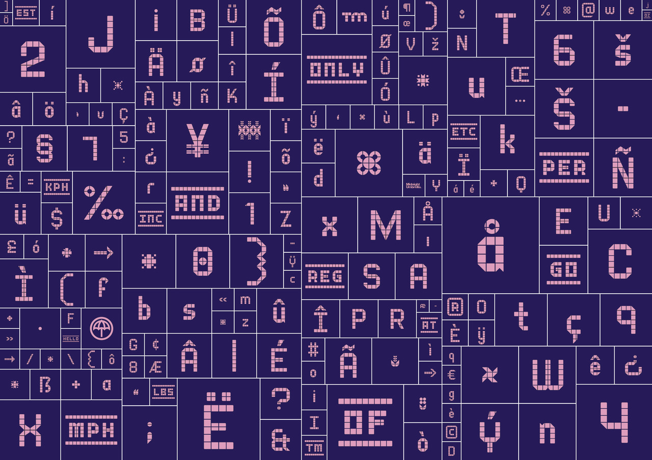 Pool Tile Sans project: geometric letter and symbol specimen chart in pink on dark purple.